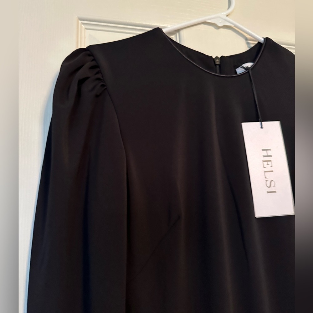 NWT - HELSI “Greta” Puff Sleeve Black Fringe Midi Dress with Gold Accents - Picture 12 of 15